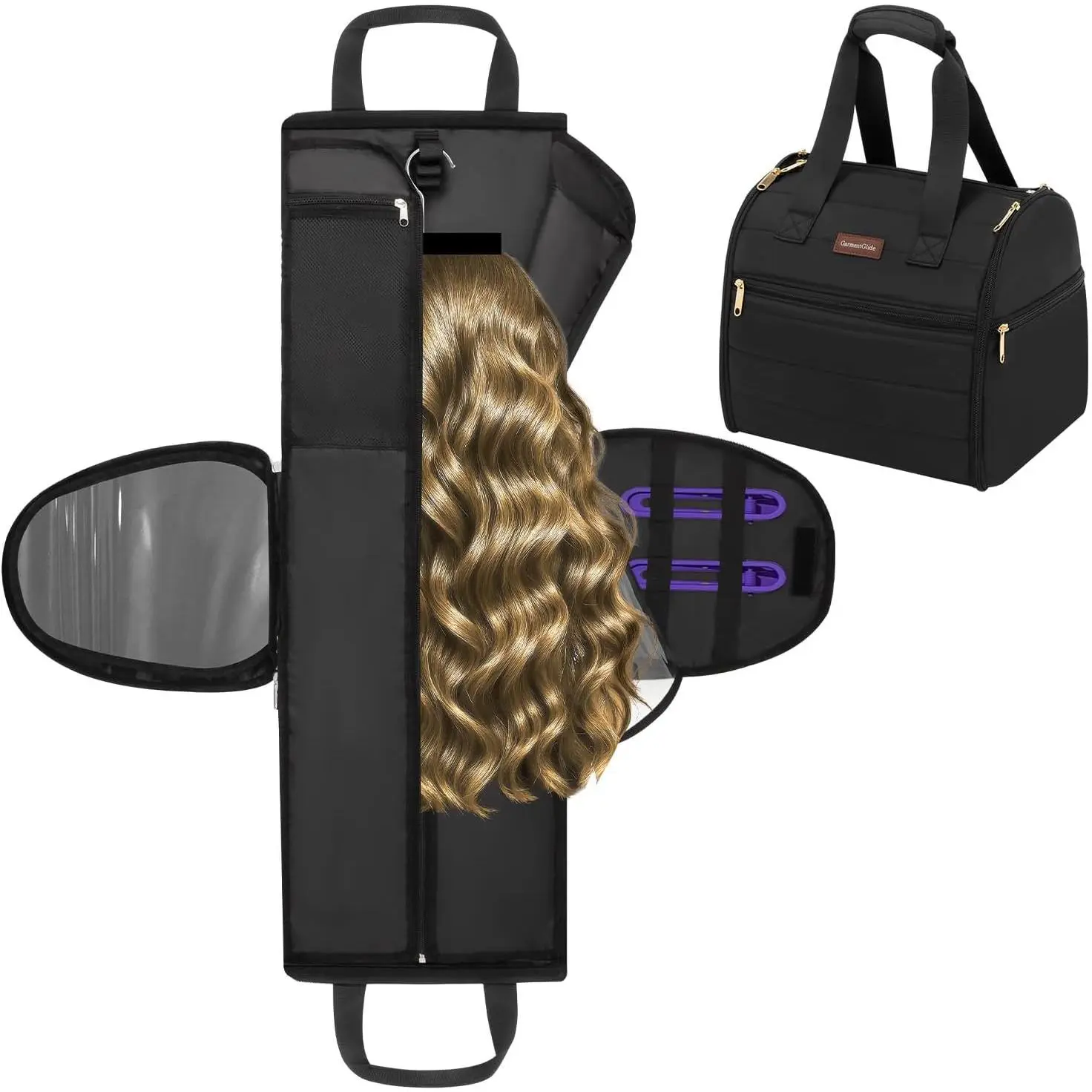 Wig Storage Bag Holds 3 Wigs Hair Tools Travel Bag Full-Open Breathable Organizer Case for Clips, Hair Dryer, Flat Curling Iron Brushes, Toiletry Tote Valentine's  for Women Stylist