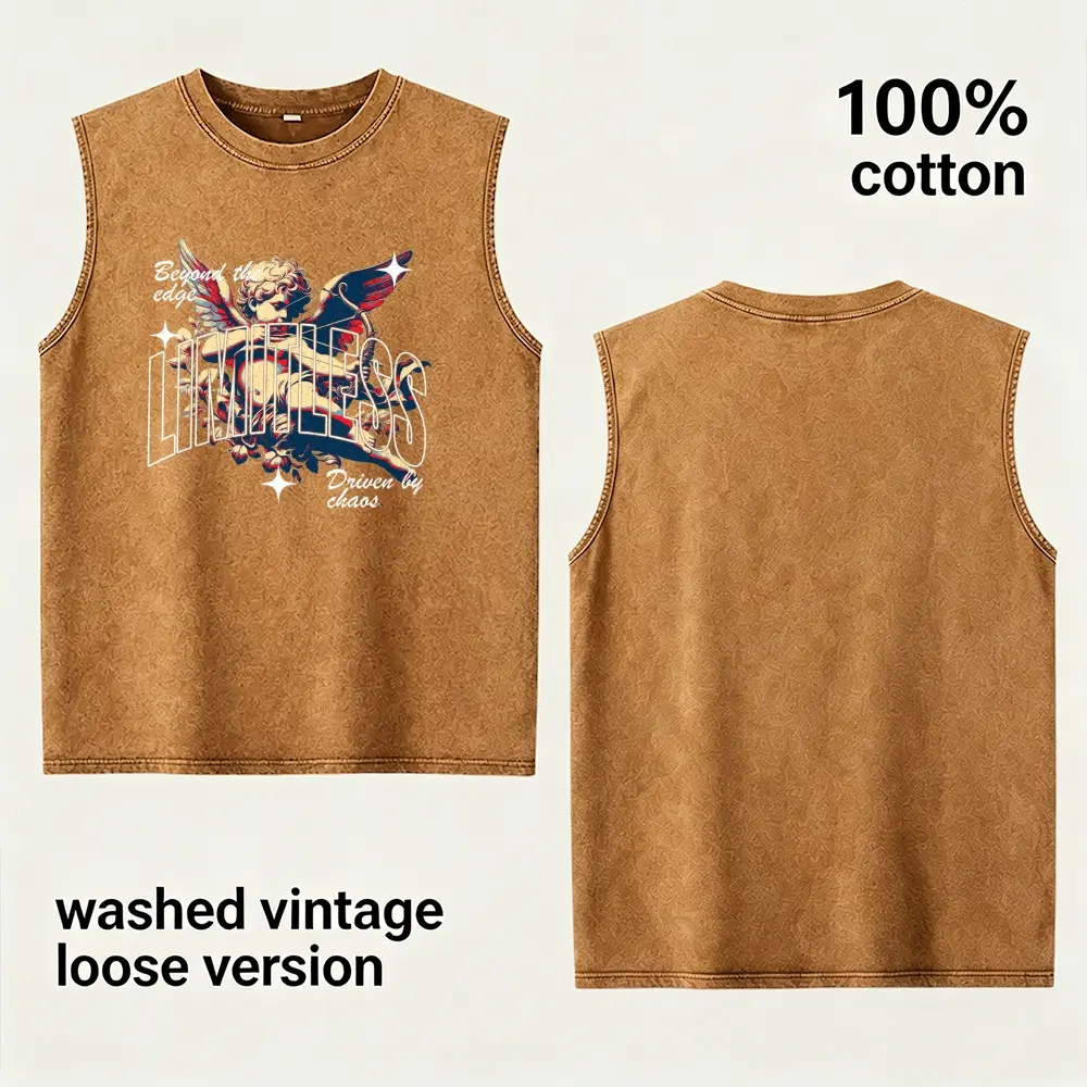 Unisex 100% Cotton Vintage Washed Sleeveless Tank Top Loose Fit Limitless Cherub Angel Cupid Graphic Retro Muscle Tank