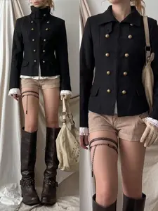Napoleon Inspired Military Blazer, Black Slim Fit Stand Collar Jacket with Gold Buttons