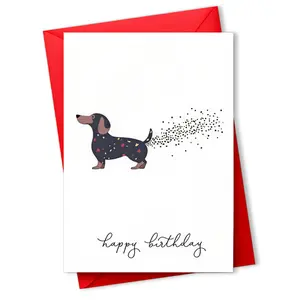 1 greeting card and envelope set, funny and quirky message blessing card for a best friend's birthday, featuring a dachshund farting pattern paired with a hand-written English "Happy Birthday" message. It's a creative gift suitable for expressing gratitud