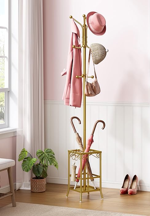 Coat Rack Freestanding, Coat Tree with Umbrella Holder, Metal Coat Rack Stand with 12 Hooks, Standing Coat Hanger Stand, Umbrella Stand for Entryway, Hat Rack Stand for Home Office, Black