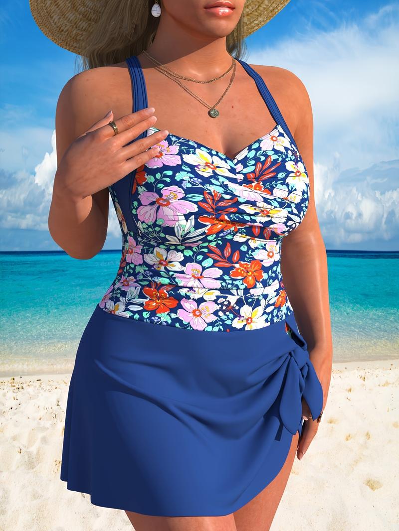 Women's Plus Size Navy Blue Floral Print Swimdress - Halter Neck Tie Side One Piece Swimsuit for Modest Beach & Vacation