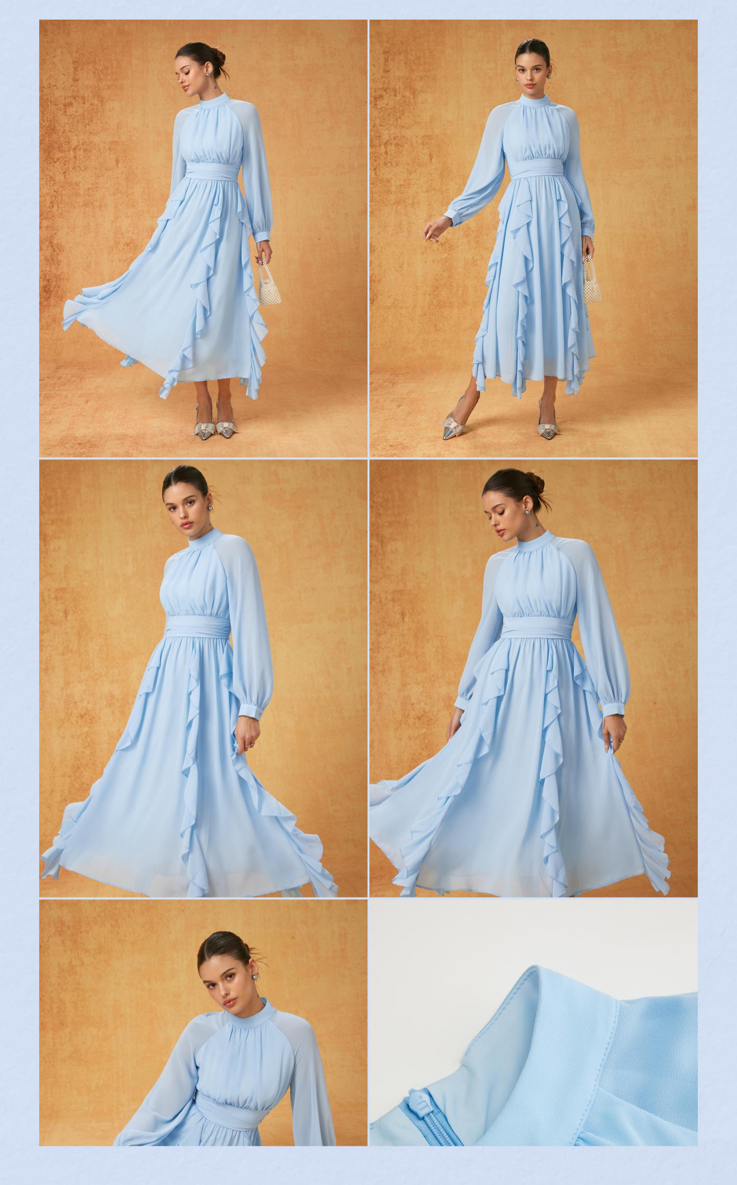 Cider Chiffon Stand Collar Ruffled Lantern Sleeve Flared Maxi Dress
