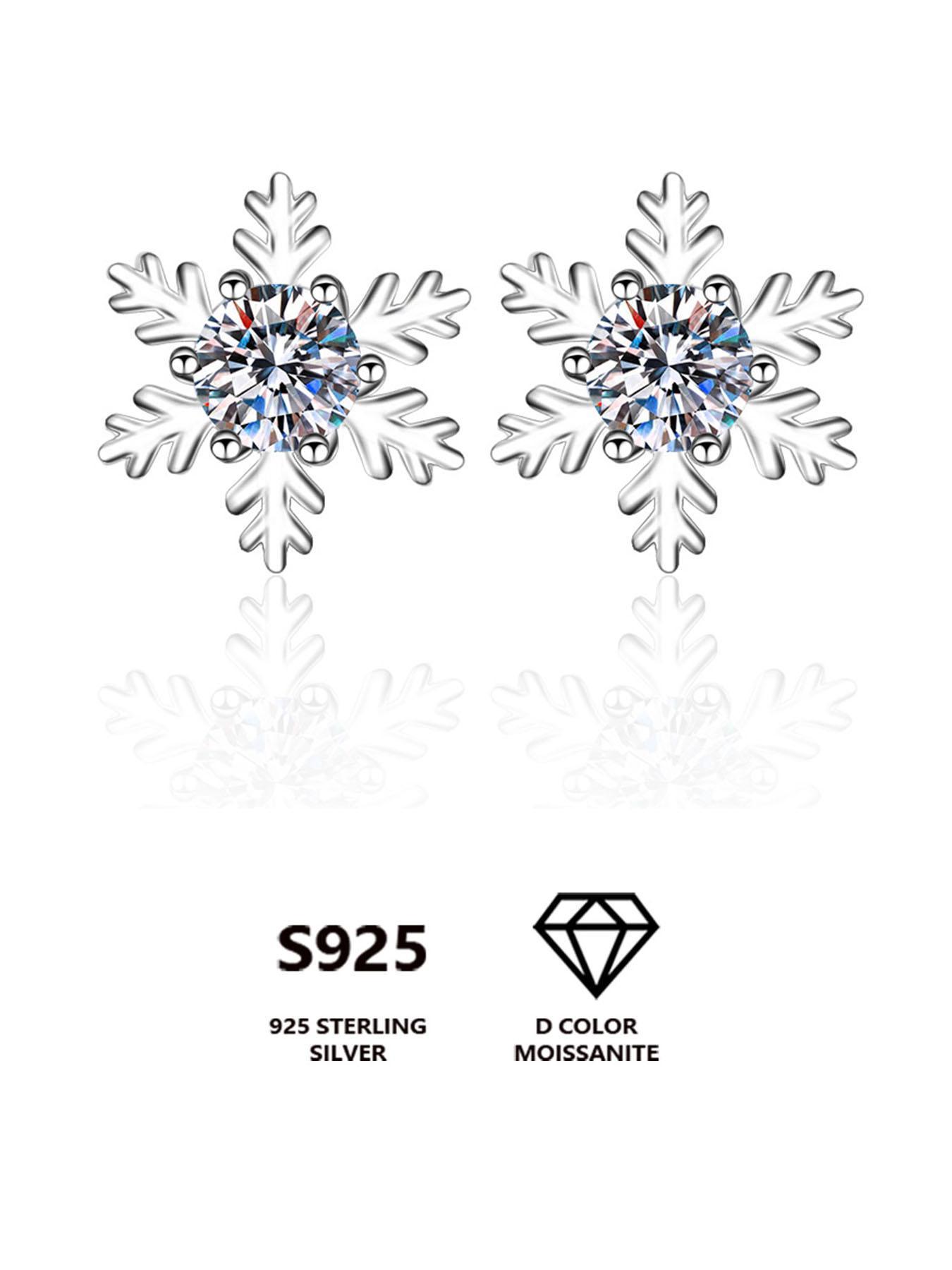 925 Sterling Silver Snowflake Design Stud Earrings, with Box, Synthetic Moissanite Decor Earrings, Fashion Jewelry Accessories for Women, Perfect Gift for Girlfriend
