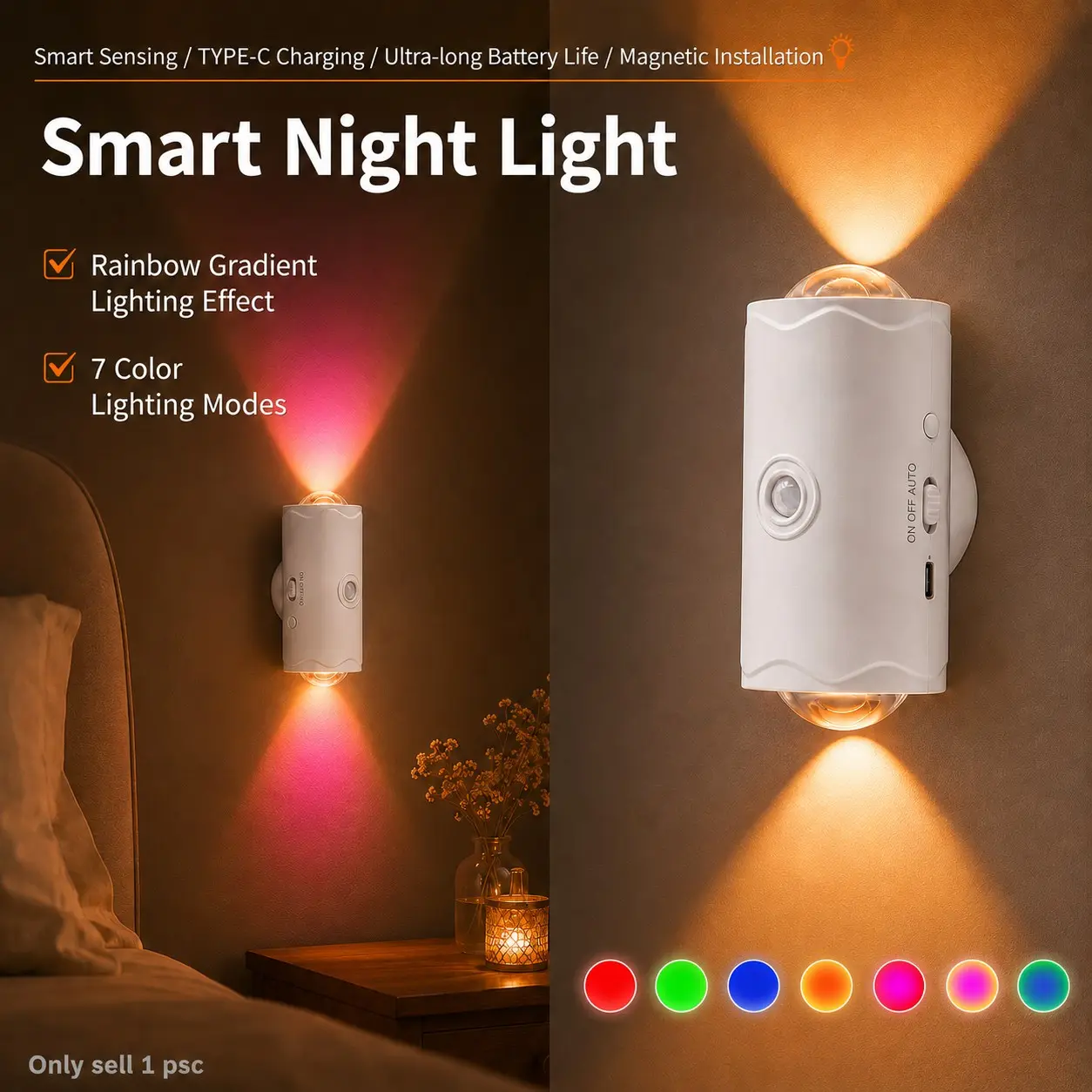 RGB Motion Sensor Wall Light, USB Rechargeable LED Night Lamp with 7 Color Modes, Wireless Stick-On Sconce for Bedroom, Hallway, Stairway, Bedside and Entryway