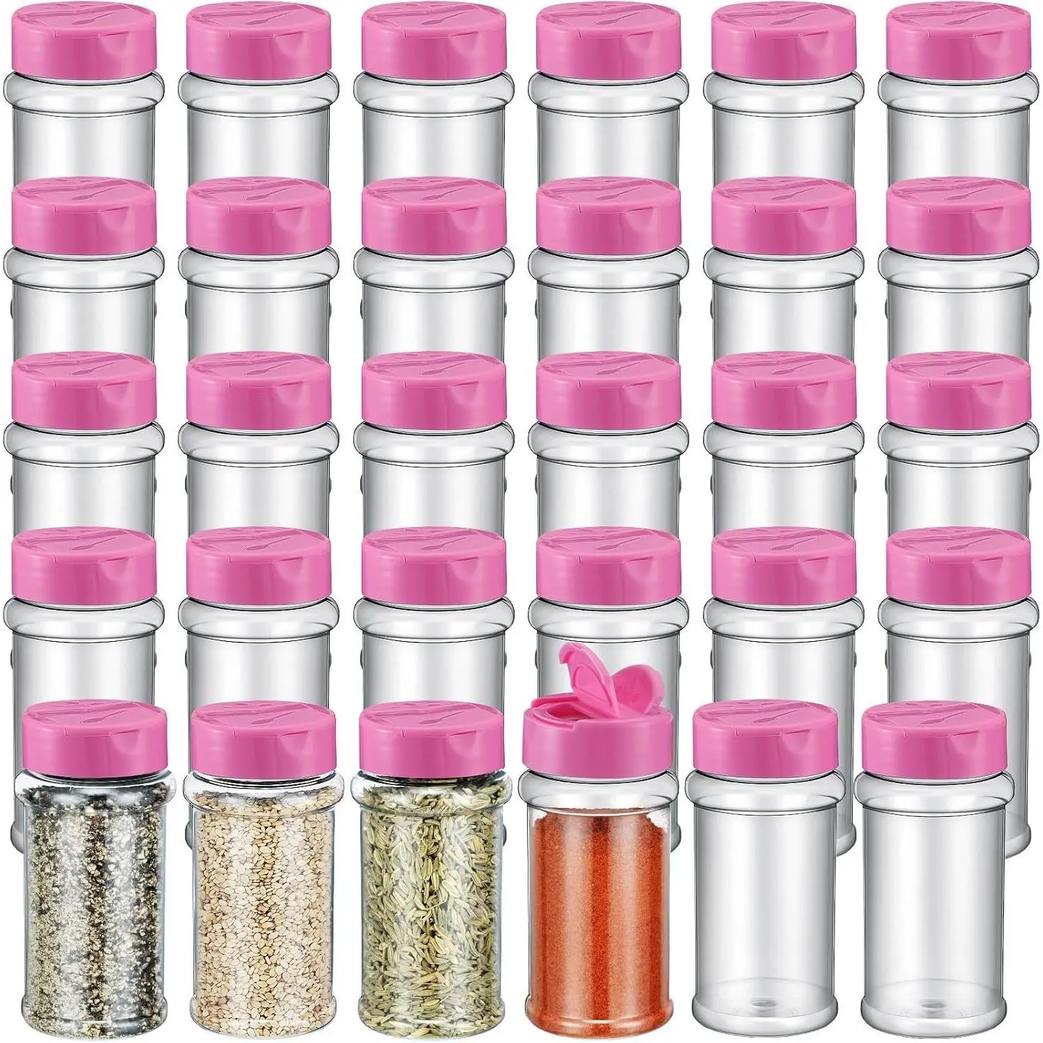 Jadive 36 Pcs 5.5 oz Clear Plastic Spice Jars with Shaker Lids, Empty Pink Seasoning Containers for Kitchen Storing Herbs Powders Pepper Dry Goods