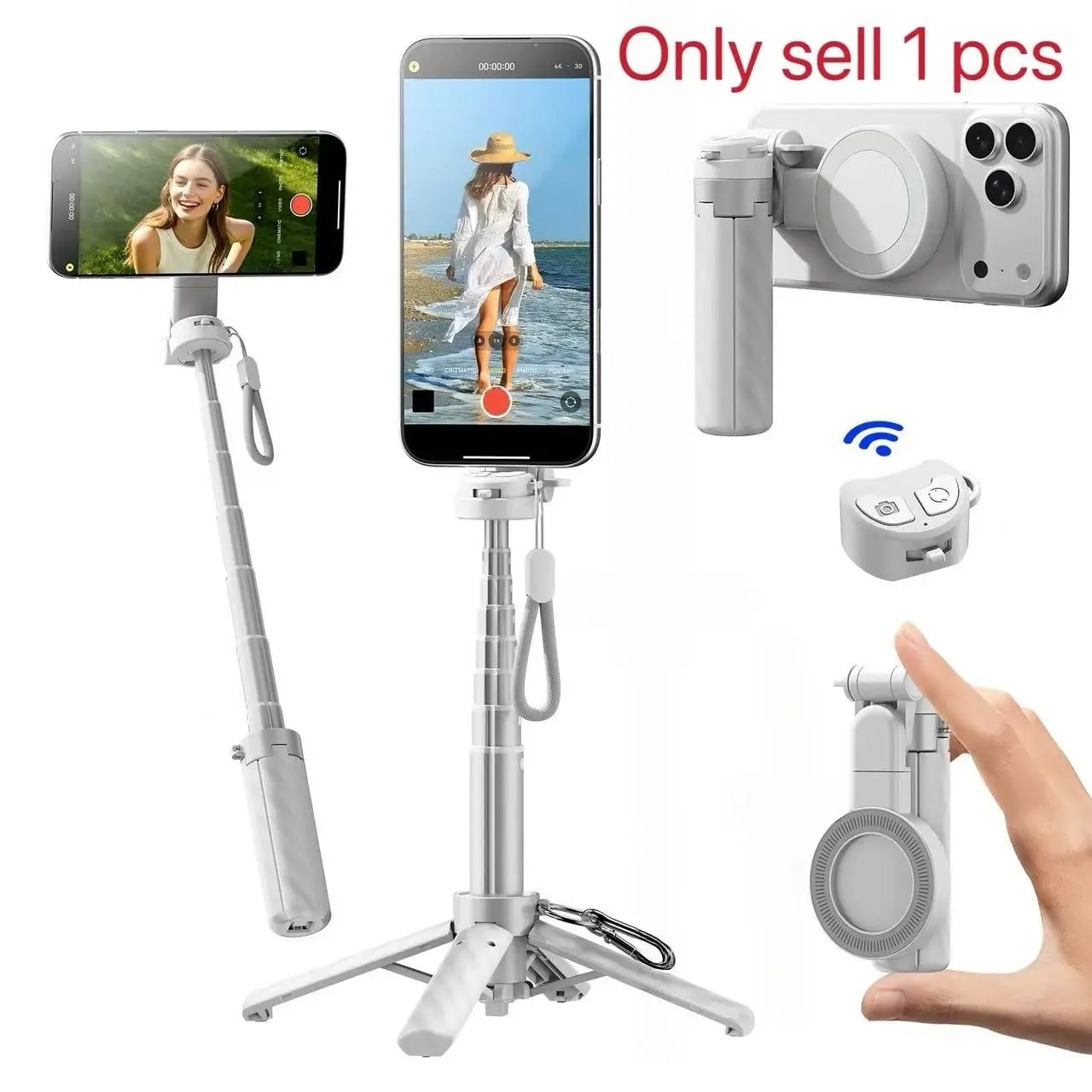 Zoom Magnetic Palm Holder Mini Selfie Stick, Portable Magnetic Phone Stand, Focus Adjustment Knob, Tripod Mount for Smartphones