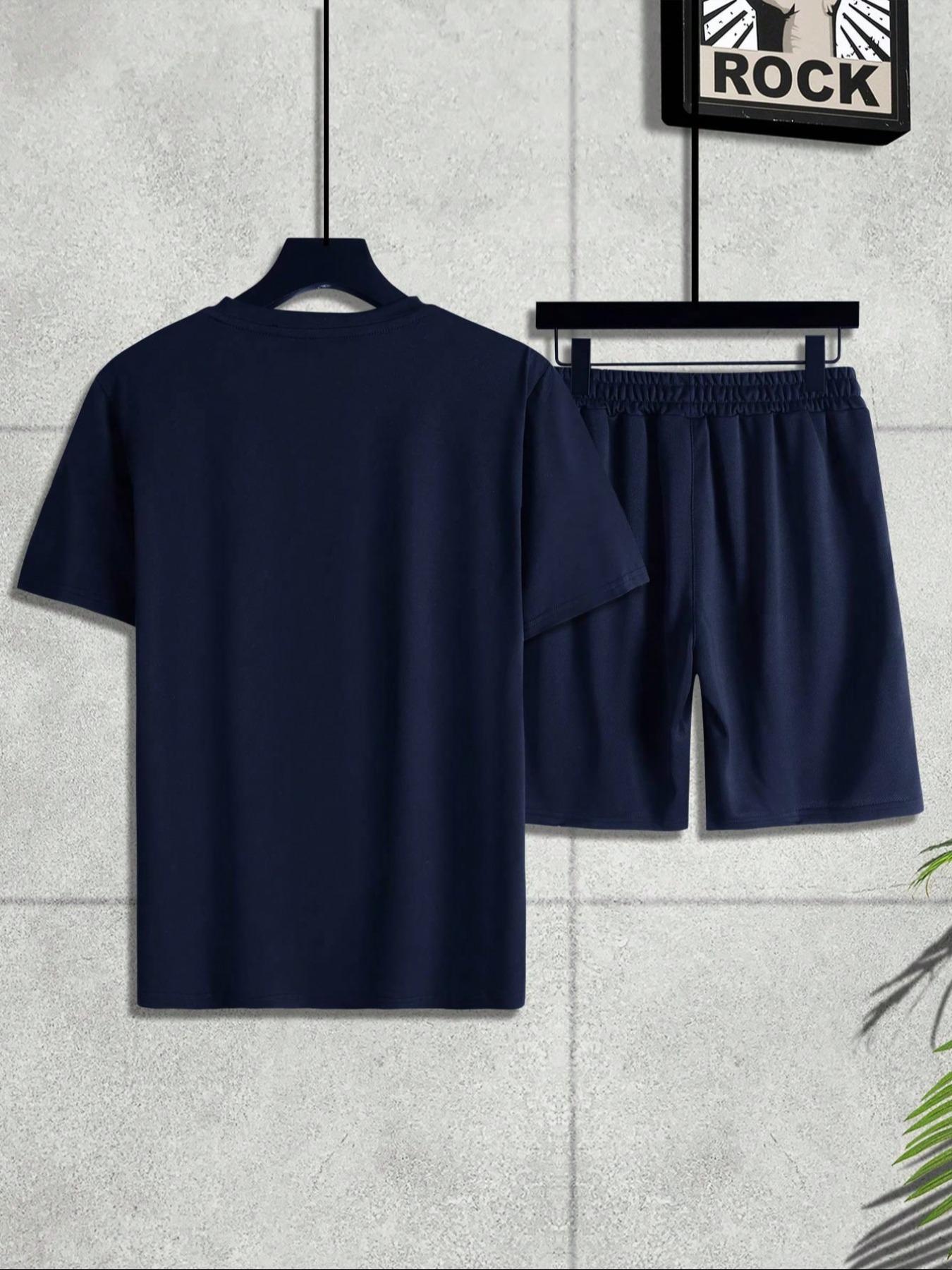 Two-Piece Set Men's Solid Short Sleeve Tee & Drawstring Waist Shorts Set, Regular Fit Casual Round Neck T-shirt & Track Shorts, Men's Summer Clothes Matching Clothing Set