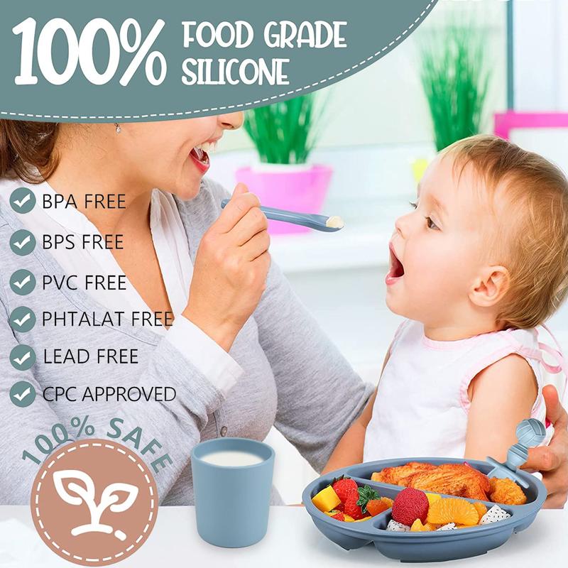 Baby Feeding Set Silicone Smiley Face Plate, Snail Bowl, Bear Food Box, Bib, Cup, Forks, BPA Free Trays, Baby Food Tools for Infants, Cutlery Utensil Sets