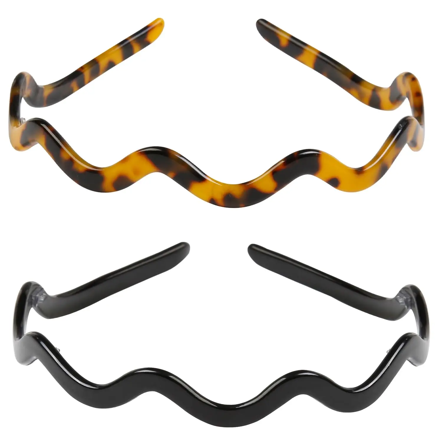 Female 2-Pcs Wavy Acetate Headbands, Skinny Non-Slip Teeth Hairbands, Classic Black Tortoiseshell Comfortable Women's Hair Accessories