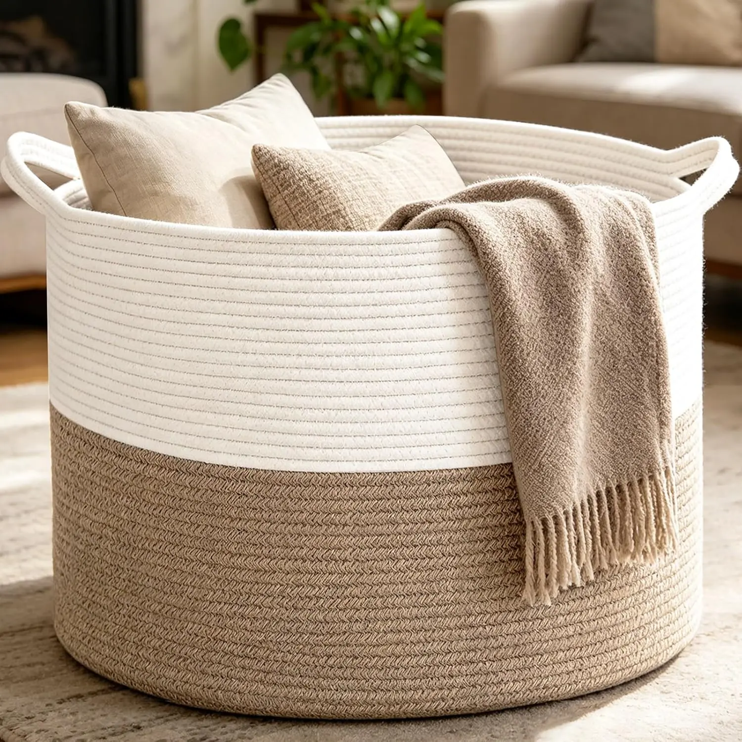 65L Large Cotton Rope Basket, Woven Blanket Storage Hamper with Handles, Decorative Nursery Storage Bin for Toys, Clothes, Pillows, Living Room & Bedroom Home Decor