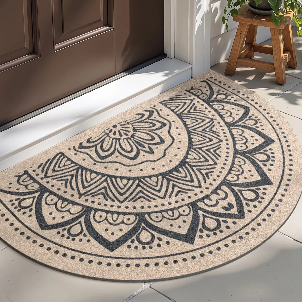 Half-Circle Decorative Mat - Nordic Retro Ethnic Motifs Rug with Circles, Aesthetic Neutral All-Weather Waterproof Nonslip Doormat, Machine-Washable, Indoor-Outdoor Use, Multi-Size Holiday Gift/Home Decor, Aesthetic Neutral Doormats