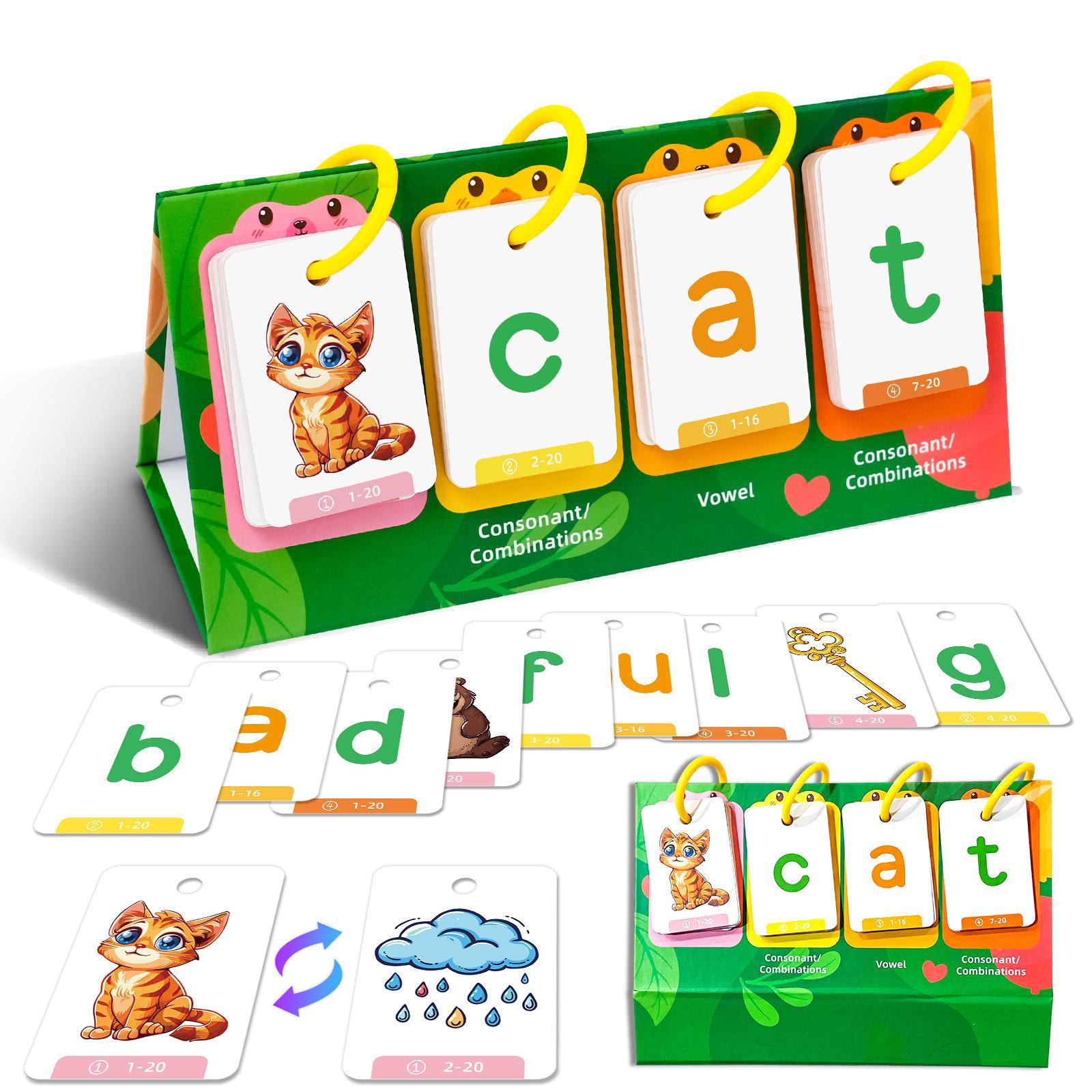 Random Color CVC Word Builder Games Cards, 80 Cards Learn To Read Montessori Word Building Desktop Pocket Chart Flash Cards Kit Flashcards Learning Alphabet