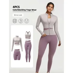 4pcs Women'S Yoga Wear Workout Set with Zipper Jacket, Fitness Yoga Leggings, Sports Bra, Euro Size for Running, Fitness, And Yoga