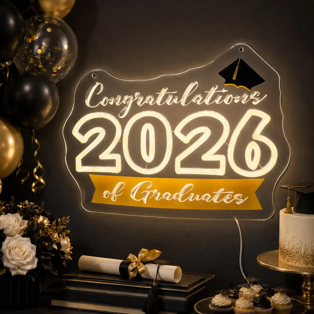 Class of 2026 Graduation Neon Sign with Cap and Diploma LED Light, Colorful Acrylic Wall Decor, USB Powered Congrats Party Lamp for Bedroom, Classroom, Dorm, Photo Booth, Grad Party, Gift for Graduates and Celebration Home Decor Wall Art Party Accent