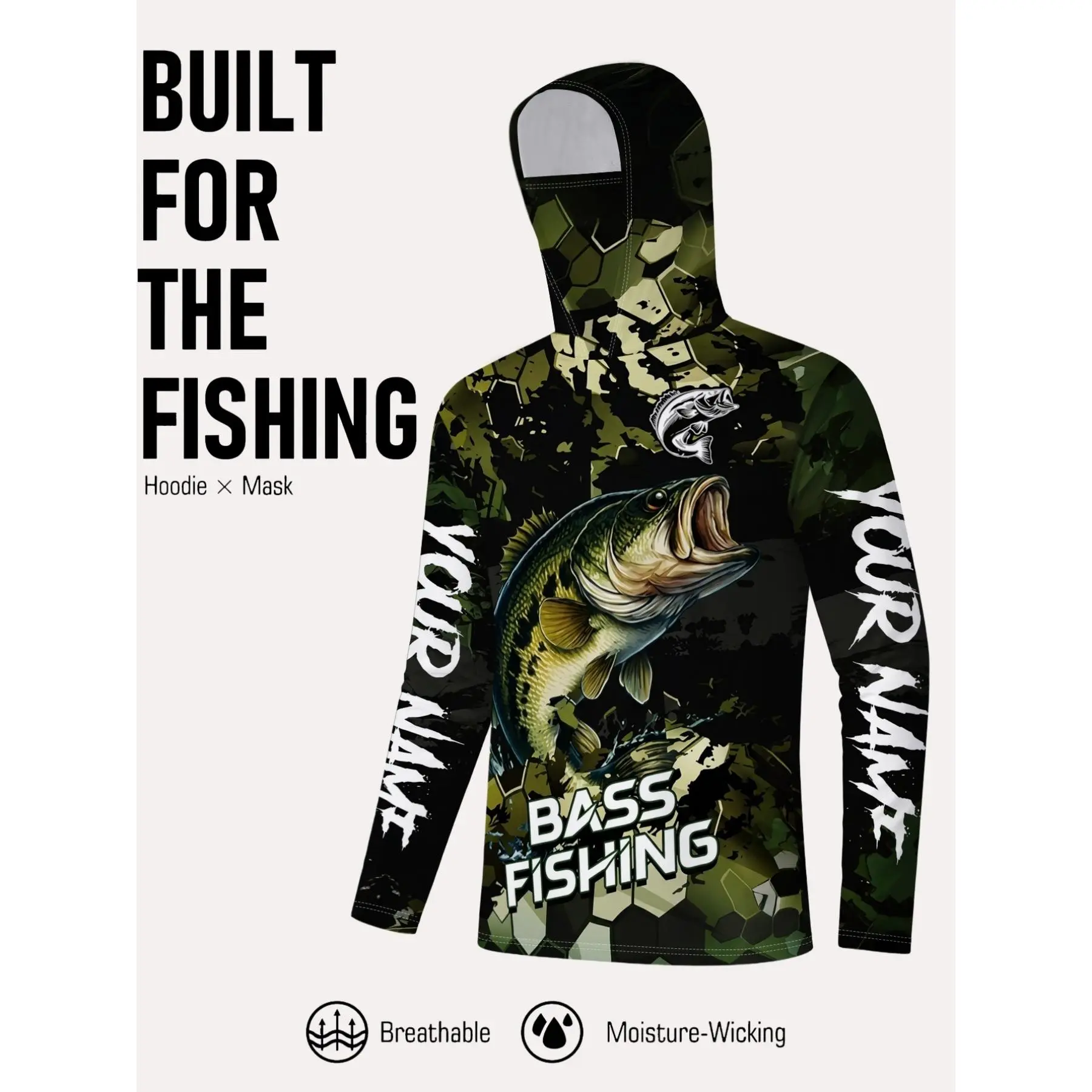 [New Product] Men's Outdoor Fishing Hooded Mask Jacket, Bass Fishing Printed Sports Hoodie, Fishing Jacket with Mask drip clothing