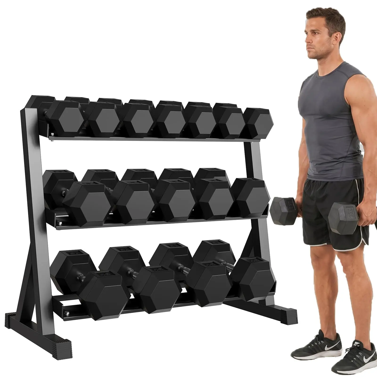 Heavy Duty Cast Iron Hex Dumbbell Set with Rack – Rubber Coated Hand Weights – Home Gym Strength Training – Fitness, Workout & Lifting – 360 LBS Total Weight