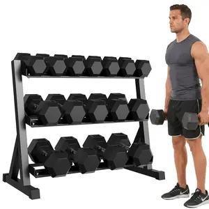 Heavy Duty Cast Iron Hex Dumbbell Set with Rack – Rubber Coated Hand Weights – Home Gym Strength Training – Fitness, Workout & Lifting – 360 LBS Total Weight