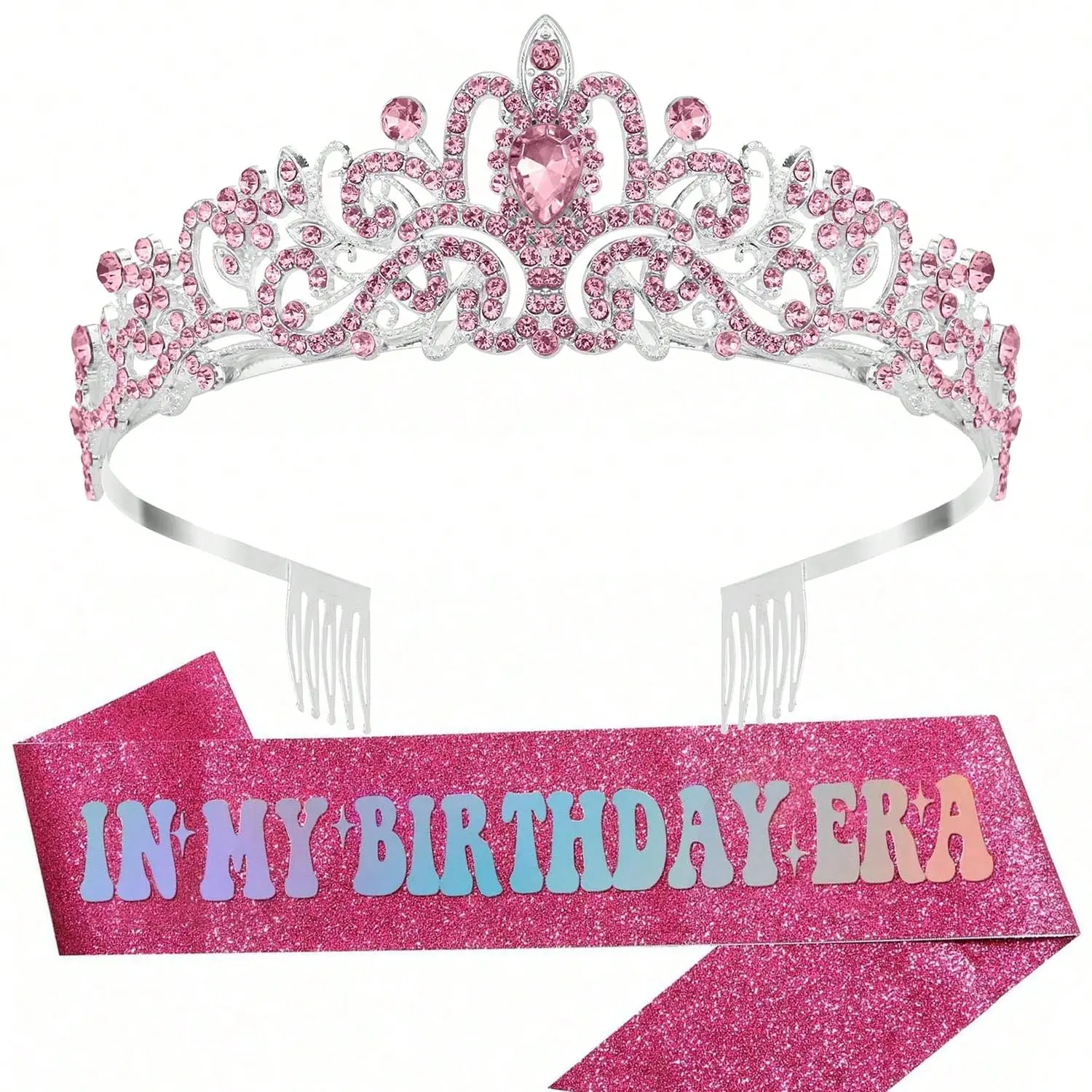 2 Pcs "My Birthday Era" Sash & Crown Set, Happy Birthday Sash with Iridescent Glitter Foil, Silver Black & Hot Pink Birthday Accessories for Women, Party Favor Decorations