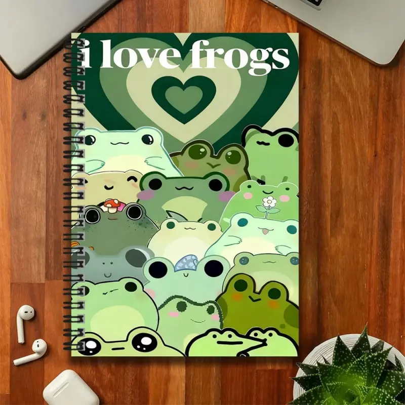 A super cute cartoon frog-themed spiral notebook, with the eye-catching phrase "i love frogs" that's full of love! The cover is filled with adorable frog images, full of charm and fun. Suitable for work records and study notes, it is also a thoughtful gif