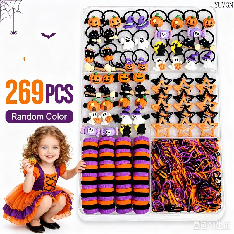 269Pcs Halloween Hair Accessories Set, Pumpkin Ghost Black Cat Decor Hair Ties, Star Hair Clips, Mini Elastic Rubber Bands & Fabric Ponytail Holders, Spooky Holiday Party Hair Decor
