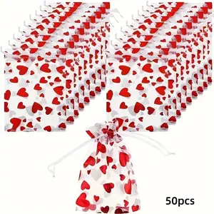 50 Romantic Heart-Shaped Organza Gift Bags with Drawstring, Perfect for Valentine's Day, Weddings, Parties, Jewelry & Cosmetics