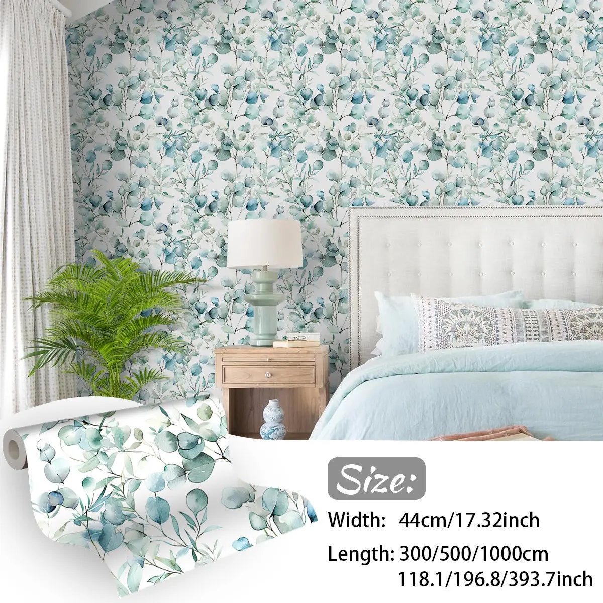 Boho Blue Leaf Self-Adhesive Wallpaper, Peel and Stick Wallpaper Boho, Waterproof Durable Removable Wall Decal, Home Decor for Kitchen Bedroom Living Room