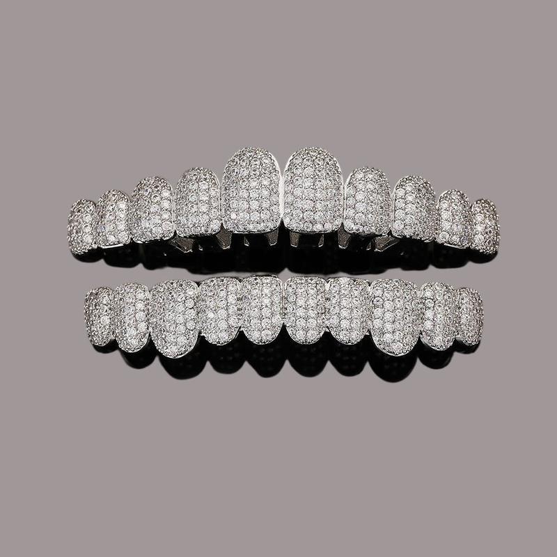 Iced Out Hip Hop Grillz - 18K Gold Plated 10-Tooth Full Set, Luxury Dental Jewelry for Rappers and Party Vibe Oral Retainer Brace