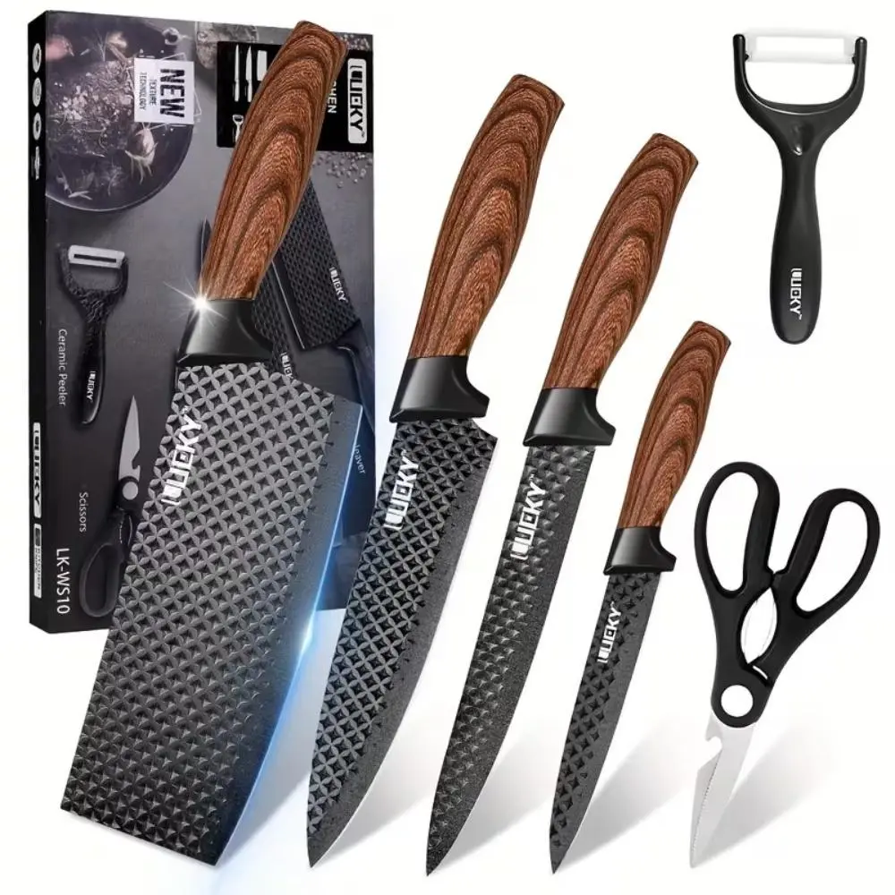 Professional 6 Kitchen Knife Set, Chef's Knife, Slicing Knife, Scraper And Scissors, High Carbon Stainless Steel Super Sharp, with Anti-stick Ergonomic Wooden Handle, Chef's Knife Set, Suitable for Family Travel, Gift Box Set#DealsForYouDays