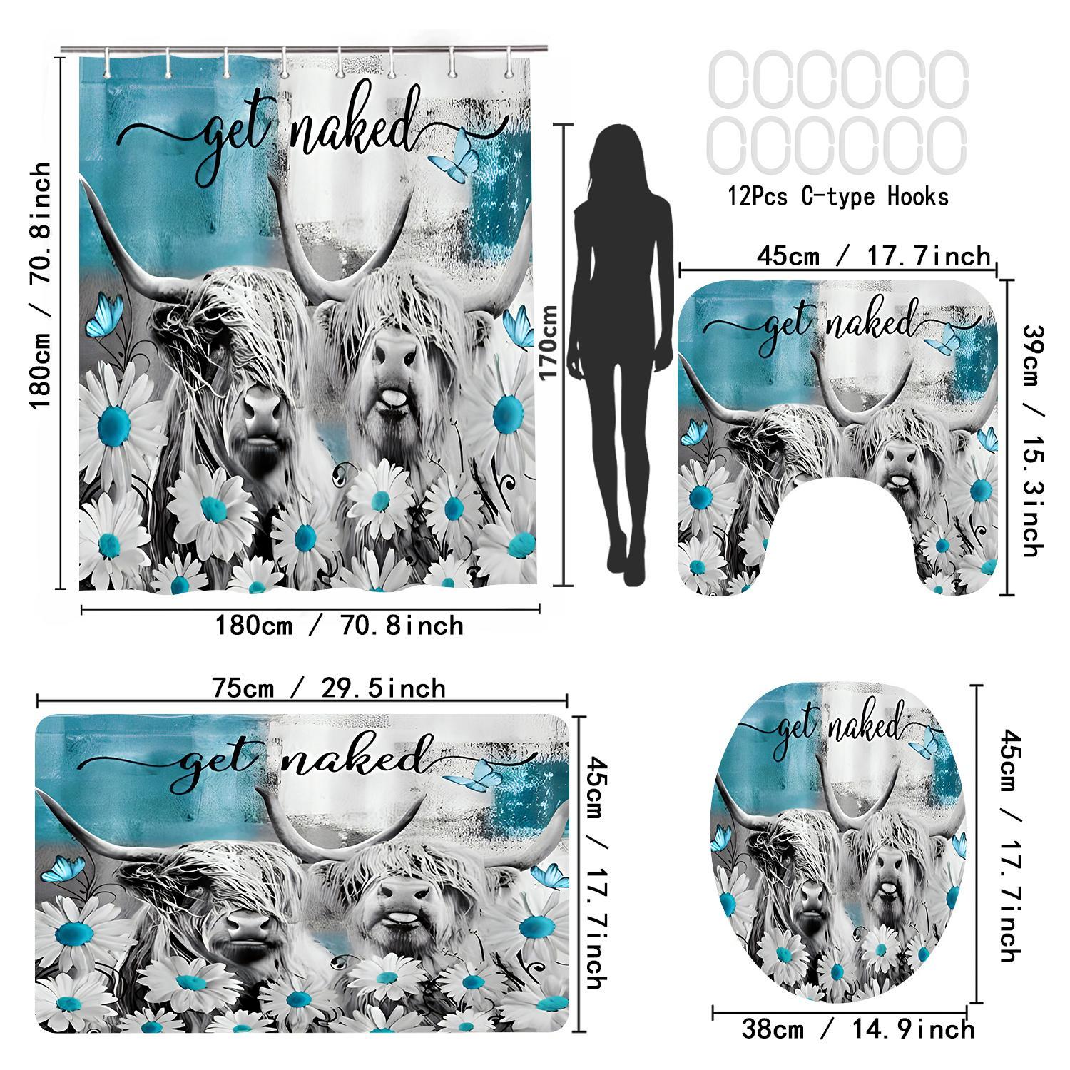 Highland Cow Pattern Bathroom Accessories with Hooks, Including Shower Curtain & Toilet Lid Cover & Bath Mat & U-shaped Mat