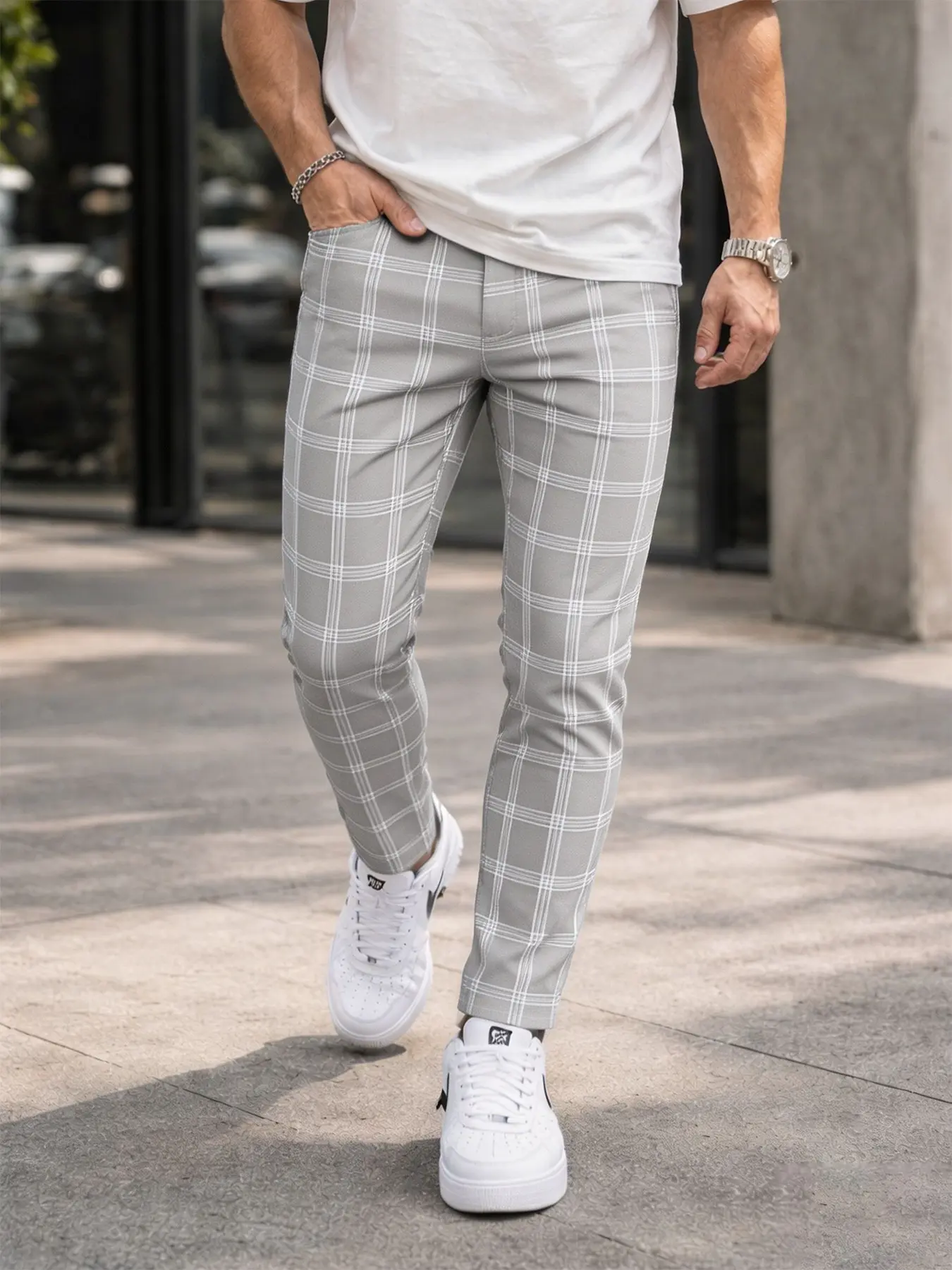 Summer Thin Men's Plaid Suit Pants, British Business Casual Slim Fit, Button Fly, Side Pockets, Lightweight Wrinkle-Resistant Fabric