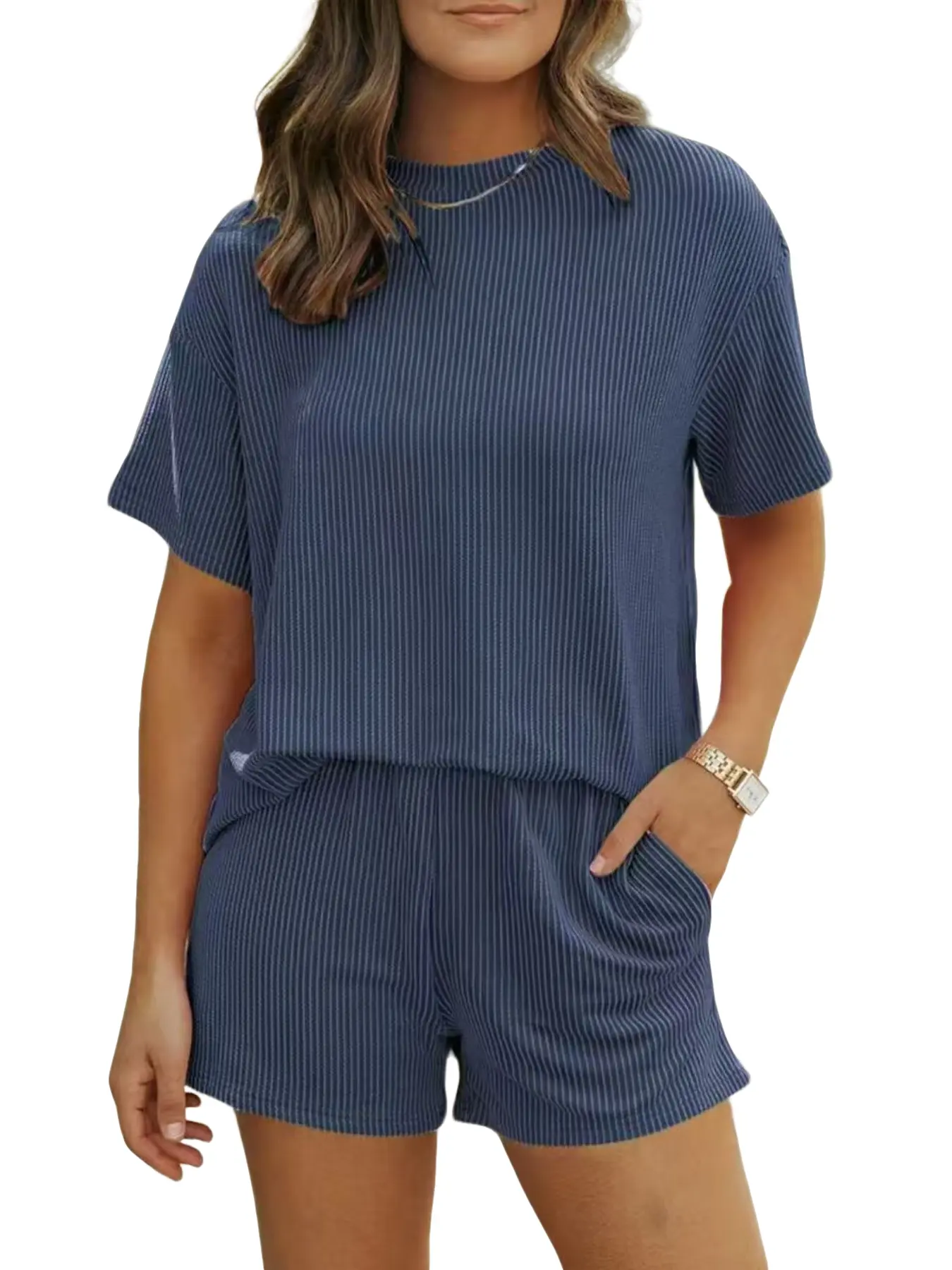 2026tk New Summer Fashion Ribbed Feminine Casual Set, Striped Short Sleeve Top and Shorts Two-Piece for Women, Trendy Ladies' Clothing