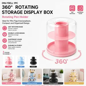 360 Rotating Pen Holder with Clear Display Case, 2-Tier Makeup Brush Storage Organizer Dustproof Pop Bean Figurine Showcase for Desk Office Supplies, Cosmetic Vanity, Mini Action Figures