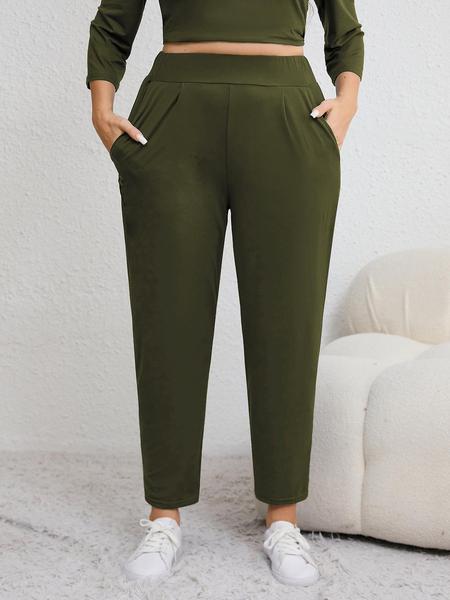 Plus Size Solid Plicated Pocket Elastic Waist Joggers, Casual Sporty High Waist Trousers for Women, Women's Sportswear for Indoor Outdoor Wear Plus Size Solid Plicated Pocket Elastic Waist Joggers, Casual Sporty High Waist Trousers for Women, Women's Sportswear for Indoor Outdoor Wear