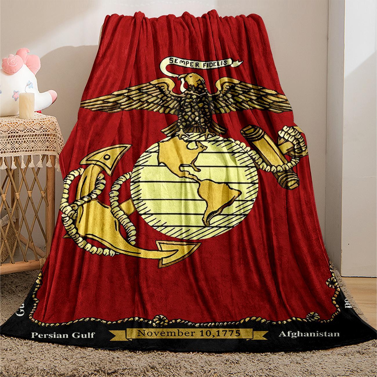 U.S. Marine Corps Emblem Pattern Blanket, 1 Count Soft Warm Throw Blanket with Storage Bag, Air Conditioning Room Blanket, Comfortable Nap Blanket for Home & Office