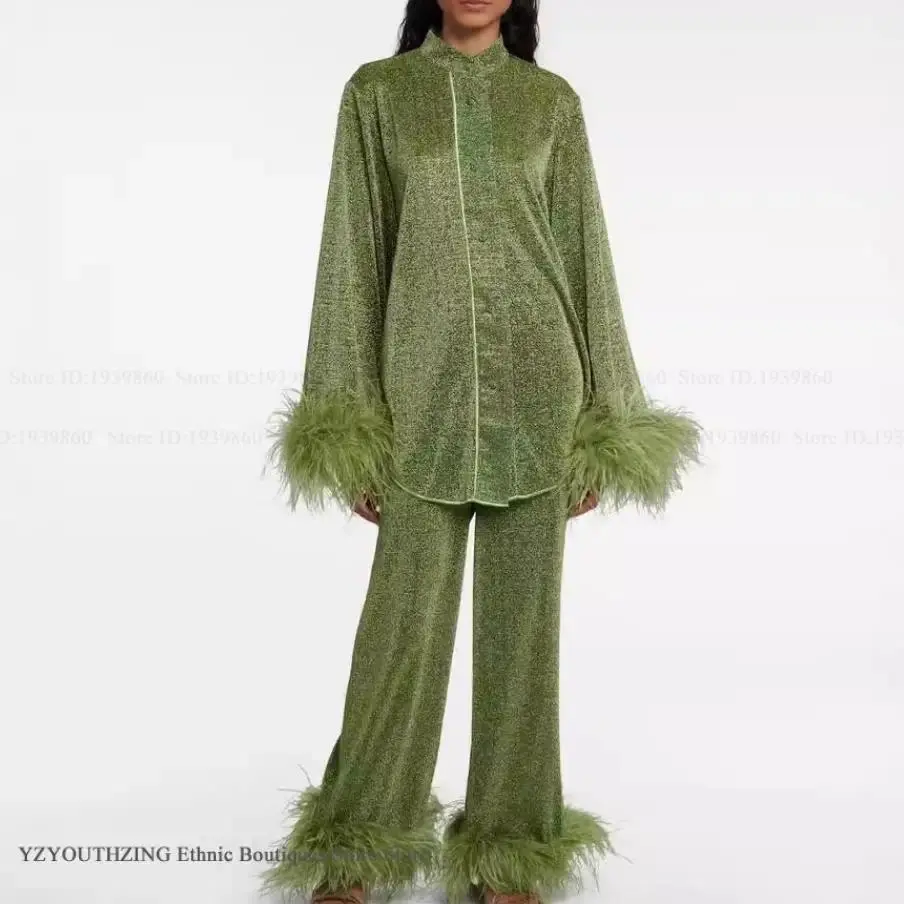 Fashion Women's Pajamas Set Home Clothes with Feather Loose Sleepwear Loungewear Summer Casual Trouser Suits Pyjama Pour Femme