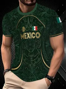 Mexican Vintage Totem and Flag Print Short Sleeve T-Shirt, Casual Men's Summer Top, Streetwear, Fitted Plain Surface, Unlined, No Collar, Without Zipper