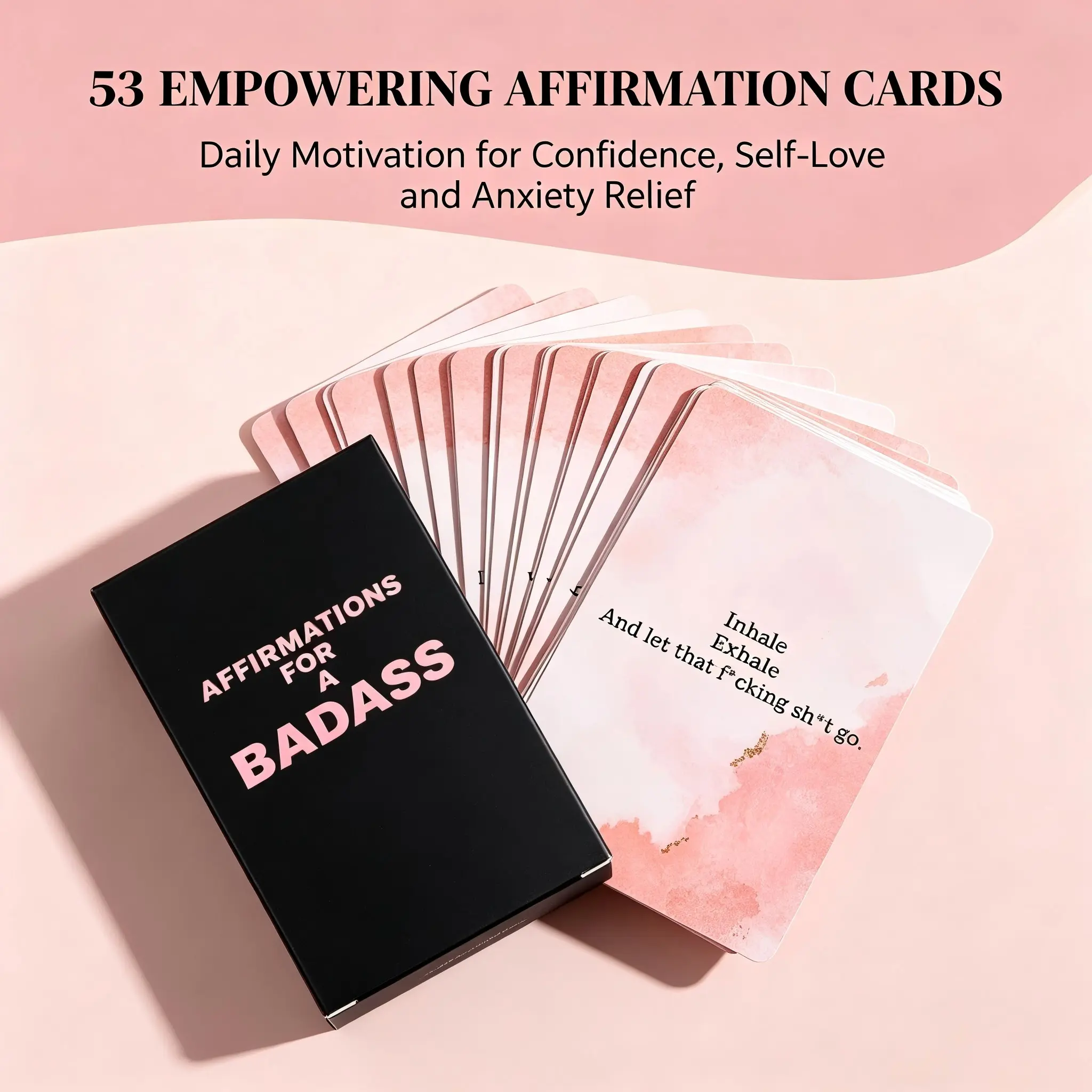 Badass Affirmation Cards for Women, 53 Empowering Self Love Positive Daily Affirmation Deck, Portable Motivational Quote Cards for Anxiety Relief, Self Confidence & Mental Health, Pink Watercolor Inspirational Greeting Cards Gift for Her