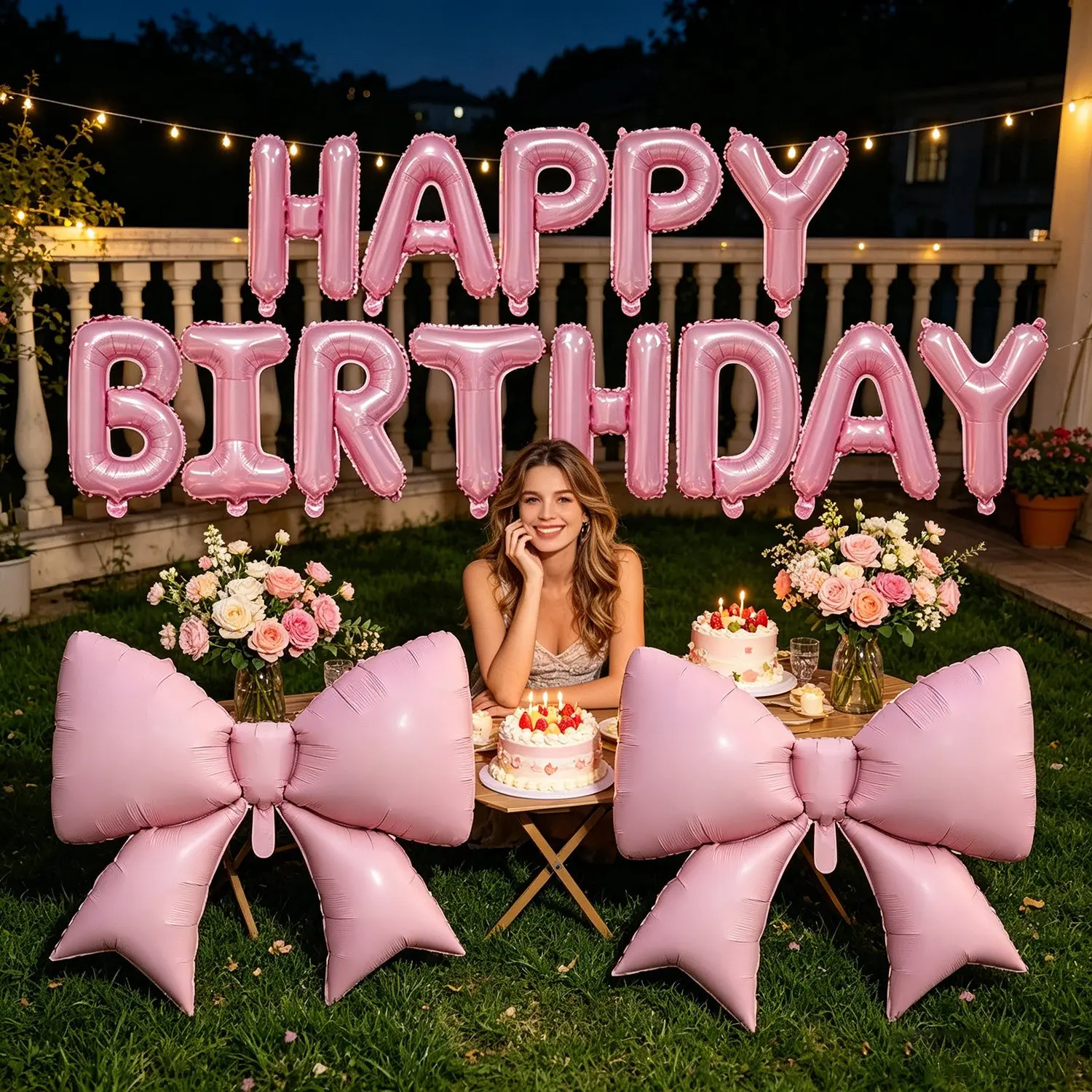 17-Piece Bow Balloons Set with Happy Birthday Banner, Includes Straws and Ribbons, Perfect for Birthdays, Anniversaries, Festive Party Decorations