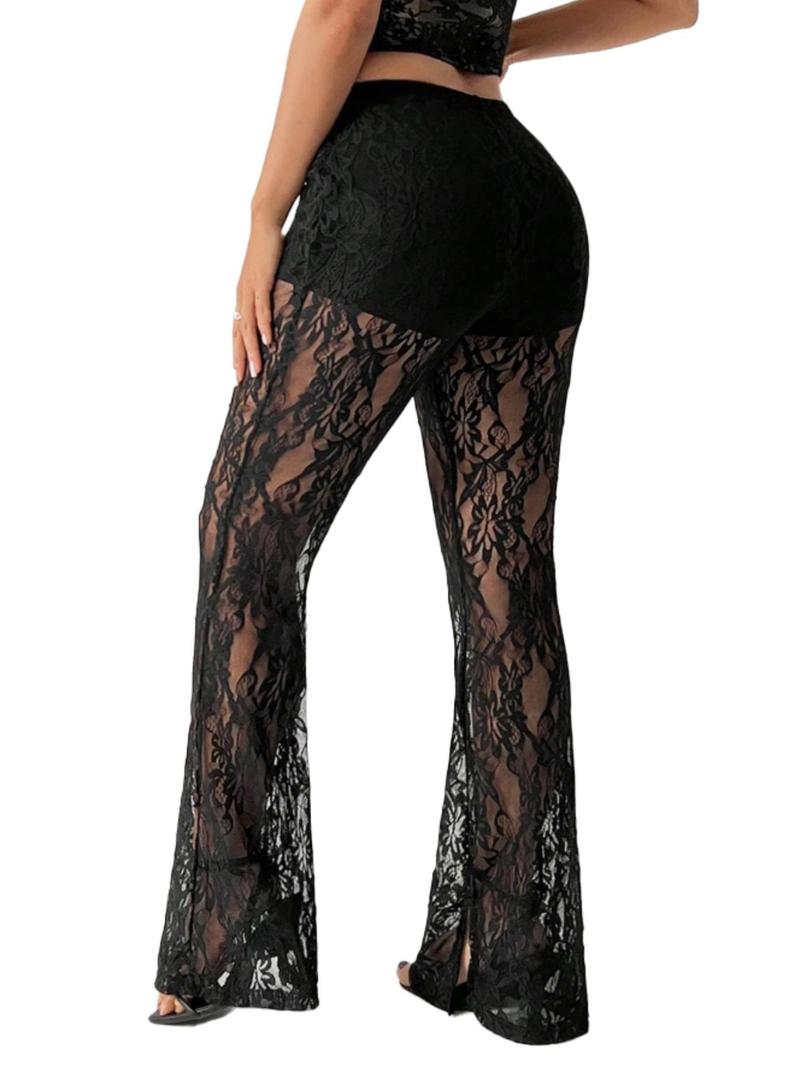 Women's Solid Lace Flare Leg Pants, Sexy Comfy  Bell Bottom Trousers for Daily Wear, Ladies Bottoms for Summer