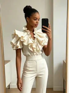 Layered Ruffle V-Neck Short Sleeve Button Shirt, Slim-Fit Office Wear, Business Meetings, Casual Outing, Elegant Party Dress, Daily Street Style