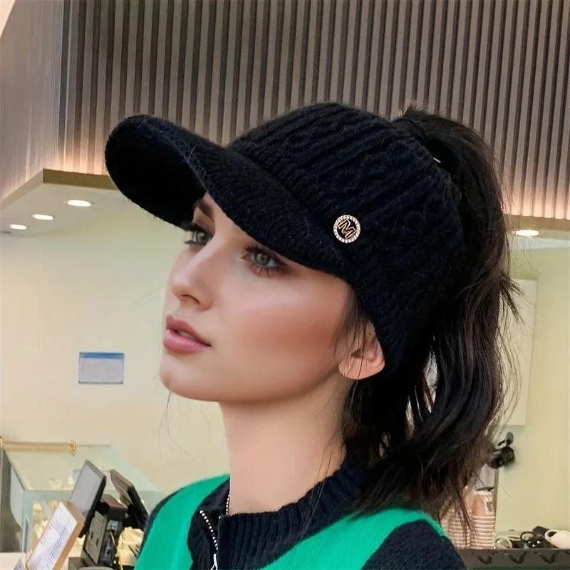 2025 Autumn and Winter Women's Warm Knitted Ponytail Sunshade Hat - Thick Warm Earcup Baseball Hat with Adjustable Shoulder Straps Quality Caps