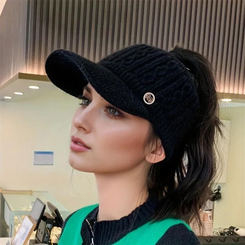 2025 Autumn and Winter Women's Warm Knitted Ponytail Sunshade Hat - Thick Warm Earcup Baseball Hat with Adjustable Shoulder Straps Quality Caps