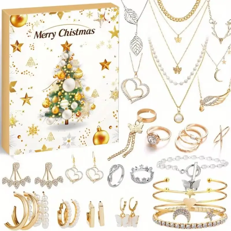 Christmas Countdown Calendar Jewelry Gift Box, Christmas Earrings Necklace Bracelet Set, Perfect Holiday Souvenir for Friends and Family