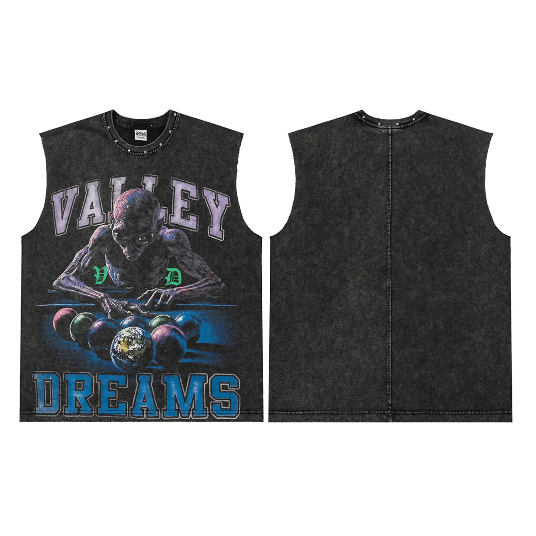 Men's Valley Dreams Alien Print Billiard Graphic Tank Top, Vintage Washed Black Rivet Crew Neck, Breathable Oversized Cotton Sleeveless Vest, Menswear Casual 4th Of July Hip Hop Streetwear Sports Top