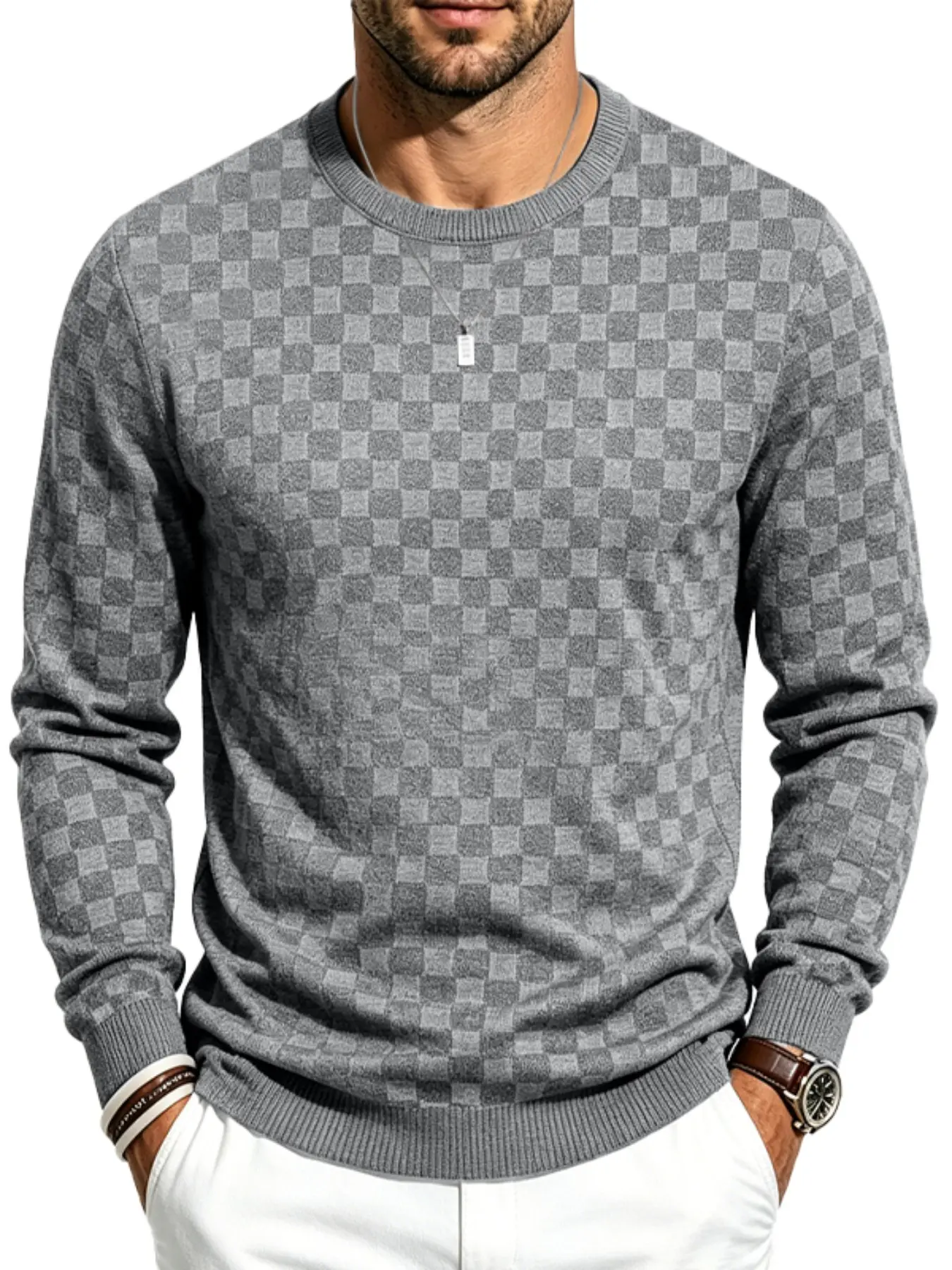 Men's Plaid Knitted Sweatshirt, Crewneck Textured Grid Pattern Long Sleeve, Soft Lightweight Casual Top, Minimalist Solid Color, Fall Winter Streetwear Knitwear