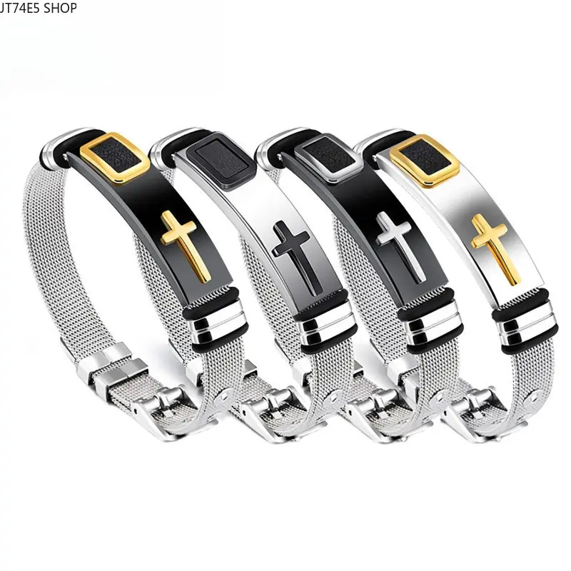 Adjustable Stainless Steel Mesh Cross Bracelet, Trendy Fashion Couple Matching Wrist Jewelry