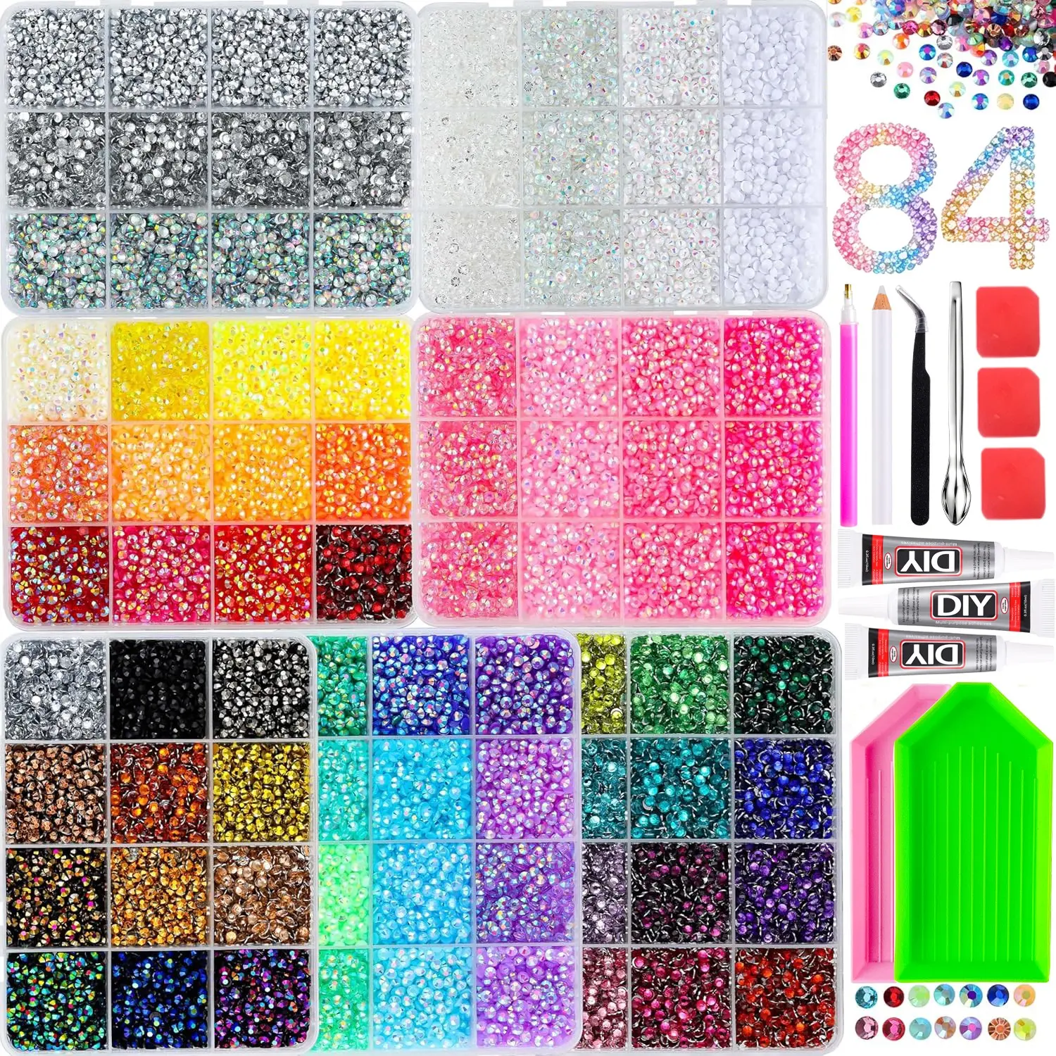 1Set 84-Colors 3mm Flatback Nail Rhinestones for Bedazzling Kit 3D Colorful Spark Jelly Semi-circular Resin Nail Diamond Art Jewelry DIY Book Cover Headphone Case Tumblers Nail Supplies