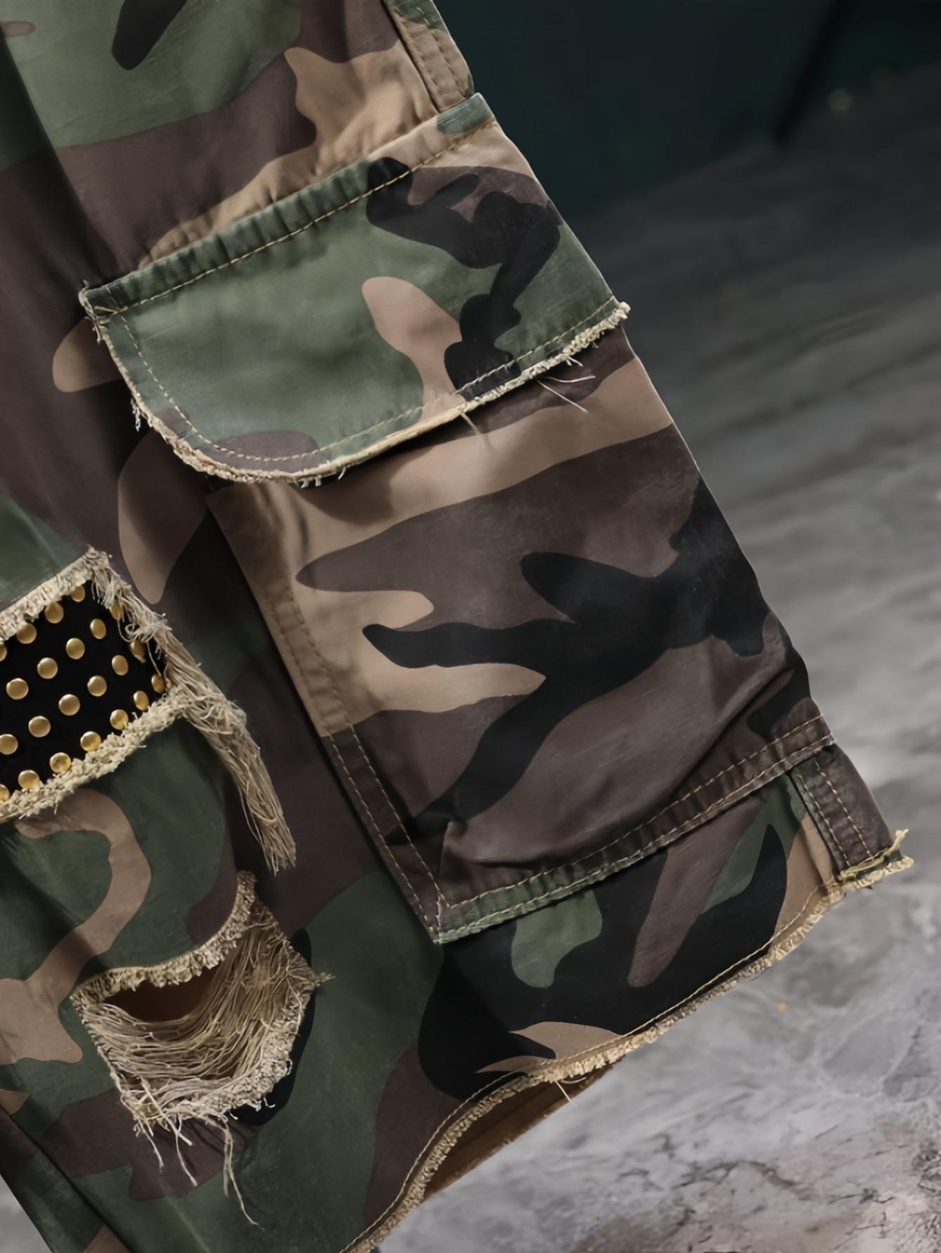 Camouflage High-Cotton Cargo Shorts | Distressed Streetwear Bottoms