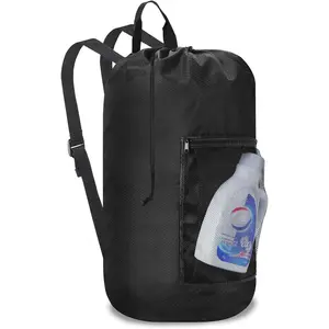 Laundry Bag Backpack Durable Laundry Bag with Shoulder Straps and Mesh Pockets Portable Laundry Hamper Dirty Clothes Bag for College, Travel, Laundromat, Apartment (Black)